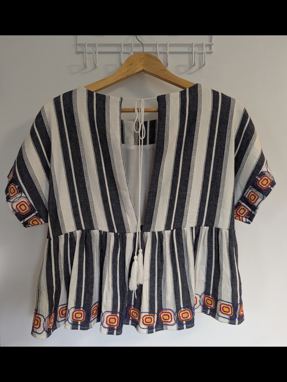 Maeve Navy and White Striped Short-Sleeve Peplum Top with Orange Trim - Picture 5 of 7